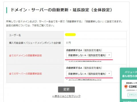 ドメイン・サーバーの自動更新・延長設定