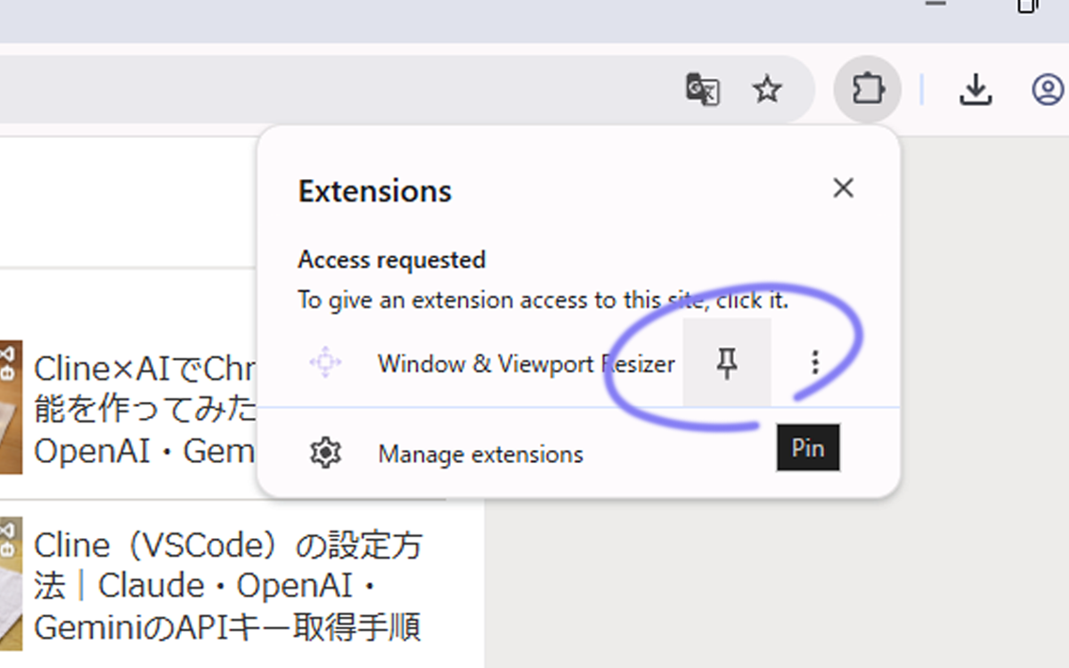 Pinning the extension from the Extensions menu